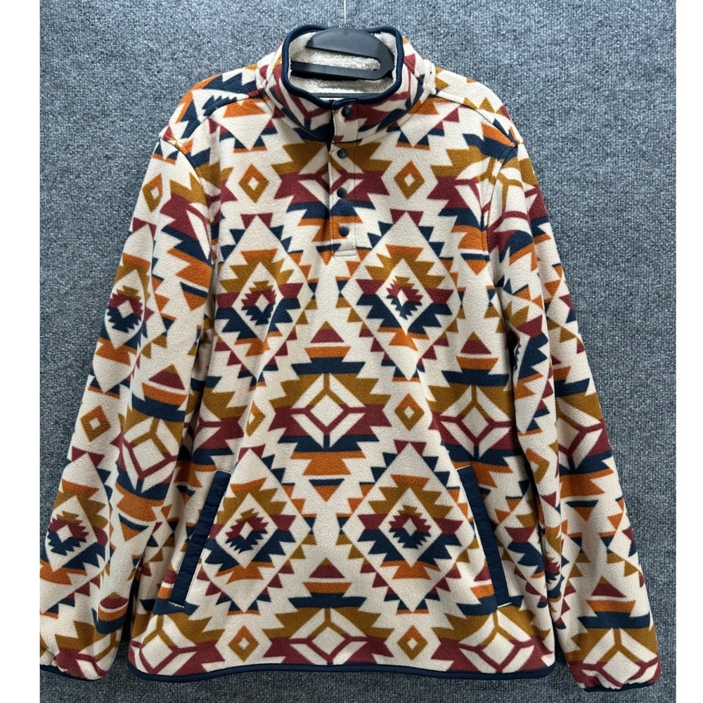 Cody James Mens Southwestern Fleece Pullover Faux Fur Lined Aztec Snap, L